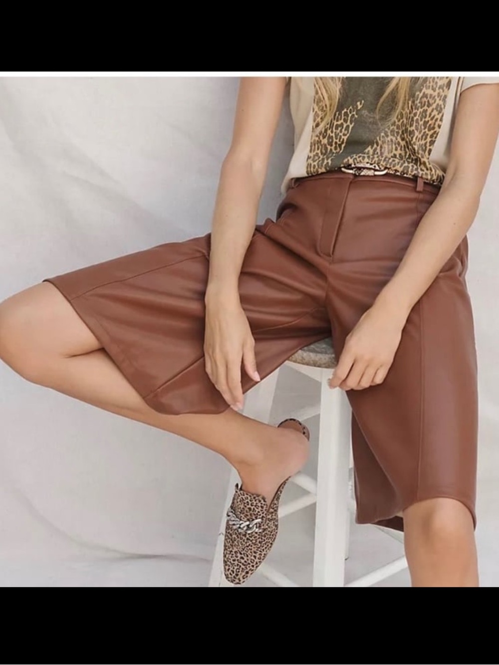 Avec Les Filles Brown Faux Leather Bermuda Shorts